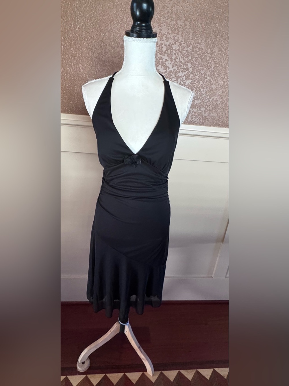 Y2k vintage Ruby Rox Black Halter V-Neck Dress with flower Detail